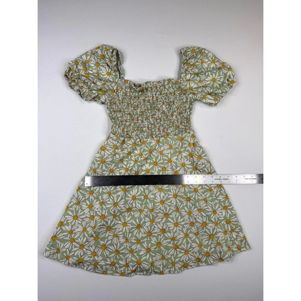 Zara Fit & Flare Mini Dress Womens XS Green Daisy Floral Smocked Puff Sleeve‎